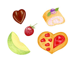 Set with cookies, sweet roll, fruit and chocolate candy. Watercolor desserts. Dessert for coffee, tea. Green apple slice, heart cookie, strawberry and chocolate candy isolated on white.