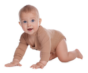 Cute little baby crawling on white background