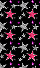 Obraz premium The black background is decorated with multi-colored stars. Silhouettes of the stars. Colored stars on black seamless pattern. Vector illustration