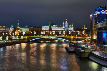 Moscow Kremlin at night, Russia. Panoramic view of the famous Moscow tourist center in winter with New Year's illumination