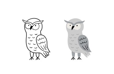 Cute hand-drawn owl. Vector Illustration. Contour and color version.