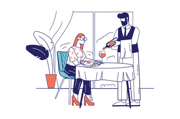 People at restaurant concept in flat line design for web banner. Woman having dinner while sits at table in cafe, waiter pours wine, modern people scene. Vector illustration in outline graphic style