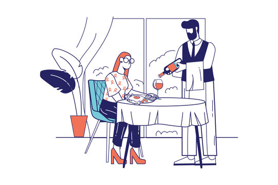 recommend clip art: People at restaurant concept in flat line design for web banner. Woman having dinner while sits at table in cafe, waiter pours wine, modern people scene. Vector illustration in outline graphic style
