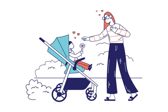 Mothers day concept in flat line design for web banner. Little son in stroller gives flower to mom for holiday, children's greetings modern people scene. Vector illustration in outline graphic style