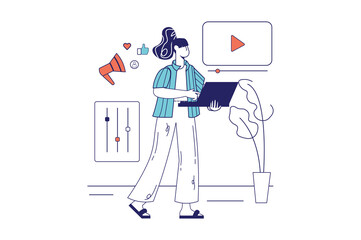 Marketing concept in flat line design for web banner. Woman makes advertising campaign and video content, online promotes business, modern people scene. Vector illustration in outline graphic style