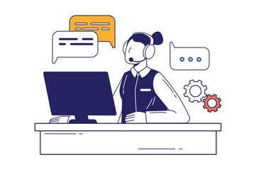 Call center concept in flat line design for web banner. Woman operator in headset answers calls and messages customers, tech support modern people scene. Vector illustration in outline graphic style