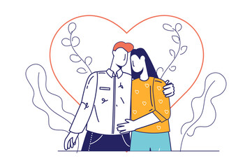 Valentines day concept in flat line design for web banner. Man and woman hug and love each other. Couple in romantic relationship, modern people scene. Vector illustration in outline graphic style