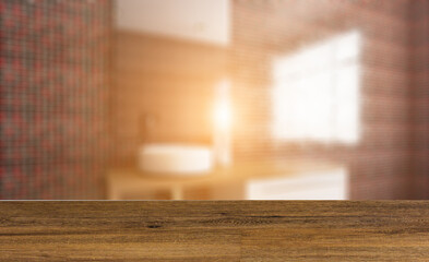 Fototapeta premium Clean and fresh bathroom with natural light. 3D rendering.. Suns. Background with empty table. Flooring.