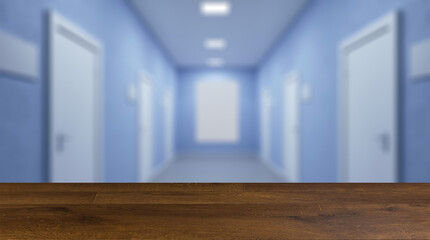 The Corridor in office building. 3D rendering . Mockup.   Empty. Background with empty table. Flooring.