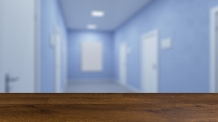 The Corridor in office building. 3D rendering . Mockup.   Empty. Background with empty table. Flooring.