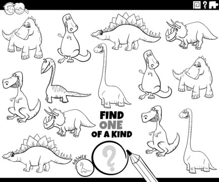 one of a kind game with cartoon dinosaurs coloring book page