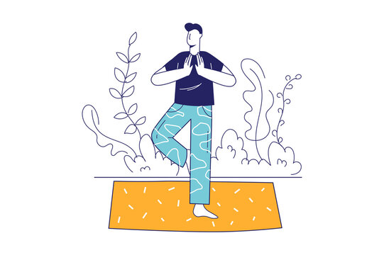 Yoga training concept in flat line design for web banner. Man practicing asanas outdoors, trains balance. Healthy lifestyle, wellness modern people scene. Vector illustration in outline graphic style