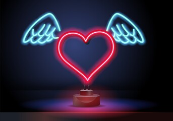 red neon heart with wings. Glowing neon heart with wings on brick wall background. Vector illustration can be used for topics like romantic, love, relationships