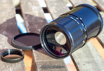 Detail of The old Soviet ( Russia ) lens,MTO 500mm f8 3M-5CA M42.original filters. Mirror lens...