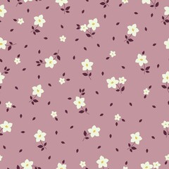 Vintage pattern. cute white flowers, burgundy leaves. dark pink background. Seamless vector template for design and fashion prints.
