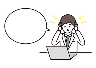 パソコンの前で耳鳴りに悩む男性薬剤師・医師 吹き出し