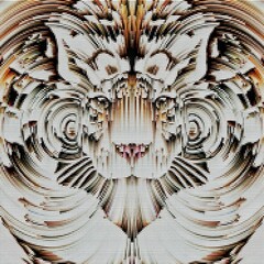 Tiger head brigh fabulous animalistic design patchwork pattern squares shape abstract background. Good as scheme for embroidery. Digital artwork. Holidays, craft, print, greeting card or poster ideas.