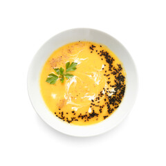 Bowl with delicious homemade pumpkin cream soup on white background