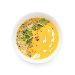 Bowl with delicious homemade pumpkin cream soup on white background