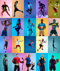 Set of images of different professional sportsmen, fit people in action, motion isolated on multicolor background in neon light. - obrazy, fototapety, plakaty