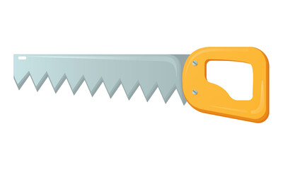 Vector illustration of a hand crosscut saw with a long steel blade and a yellow handle. Tool for cutting wood. Flat vector for promo poster or banner of building store.