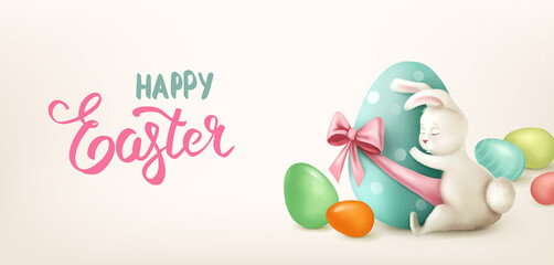 Happy Easter Rabbit hugs an egg on beige background. Happy Easter holiday vector illustration. Easter banner.