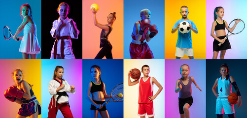Collage made with images of young sportsmen, little boys and girls with sport equipment isolated on...