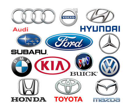 Collection of popular car logos: Volkswagen, Audi, Subaru, Mazda, Hyunday, Toyota, Kia, Volvo, Ford and others, vector illustration