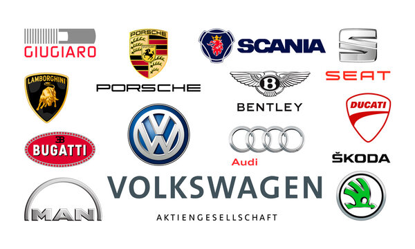 Collection of popular car logos: Volkswagen, Audi, Seat, Bentley, Bugatti, Ducati, Giugiaro, Lamborghini, Scania, Skoda and other, vector illustration