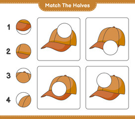 Match the halves. Match halves of Cap Hat. Educational children game, printable worksheet, vector illustration
