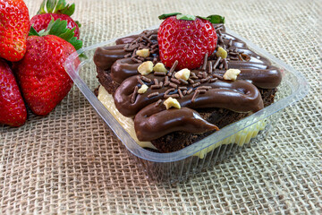 brownie stuffed with milky cream, brazilian brigadeiro and strawberry