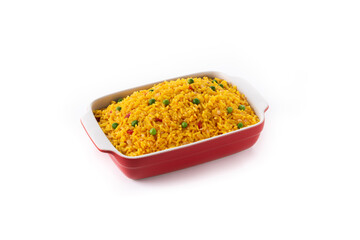 Traditional Mexican rice served with green peas isolated on white background