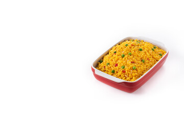 Traditional Mexican rice served with green peas isolated on white background