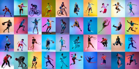 Zelfklevend Fotobehang Set of images of different professional sportsmen, fit people in action, motion isolated on multicolor background in neon light. © master1305