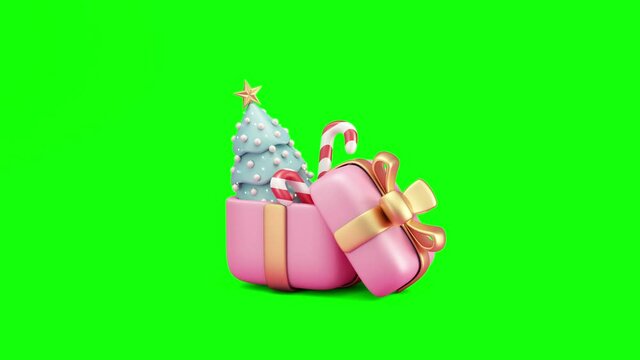 Gift Box with Cartoon Christmas Tree and Candys inside on pink studio background. 4K Animation