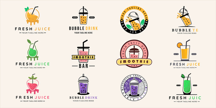 set of drink juice and bubble tea logo vector illustration template icon graphic design. bundle collection of various beverage smoothie fruit boba for cafe or bar business concept