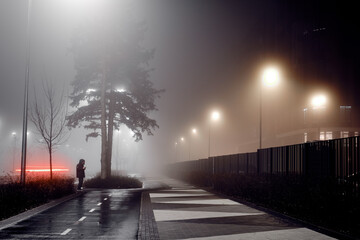 Sidewalk and bike path at night in the fog.