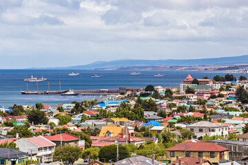 Aerial view of the Punta Arenas town with Strait of Magellan on background (Mirador Cerro De La...