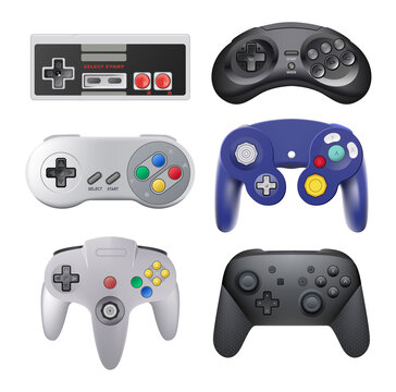 Set of Gamepads for Play Consoles and PC Video Games, such as: Nintendo Famicom, GameCube, Switch, Sega Genesis, and others, realistic vector illustration