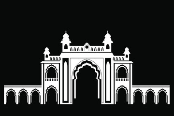 Obraz premium Entrance to the Indian Palace, flat illustration in black and white colors, isolated on black background