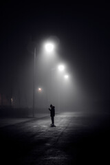 Man under a lamppost at night in the fog. - 475081567