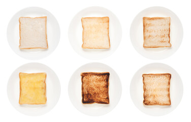 Slices toast bread in dish on white background