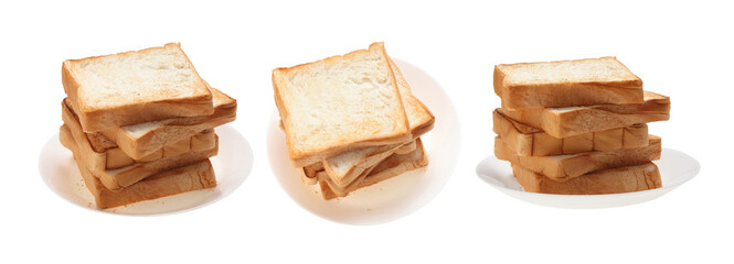 Slices toast bread in dish on white background