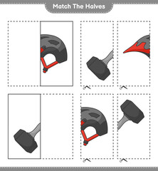 Match the halves. Match halves of Bicycle Helmet and Dumbbell. Educational children game, printable worksheet, vector illustration
