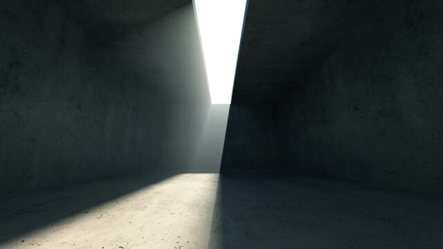 Empty Concrete Hangar Interior with Sunlight from opened roof. 4K Animation