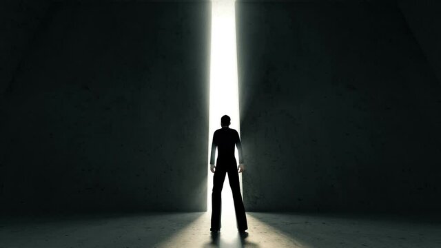 Front view of Person go to the opened doors with lights