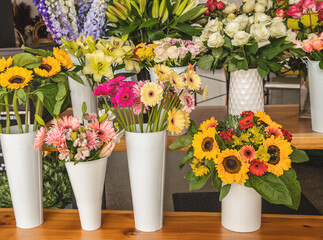 Small business. flower shop. Floral design studio, making decorations and arrangements. Flowers delivery, creating order.