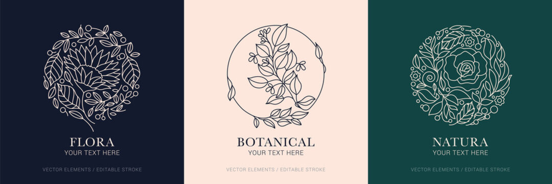Vector linear plant logo. Circle luxury organic emblem. Abstract badge for natural products, flower shop, cosmetics, ecology concepts, health, spa, yoga center. Leaves and florals