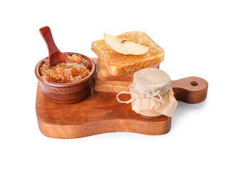 Bowl of tasty pear jam and bread on white background