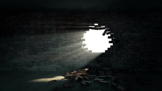 Dark Room with broken brick wall with sunlight rays. 4K Animation